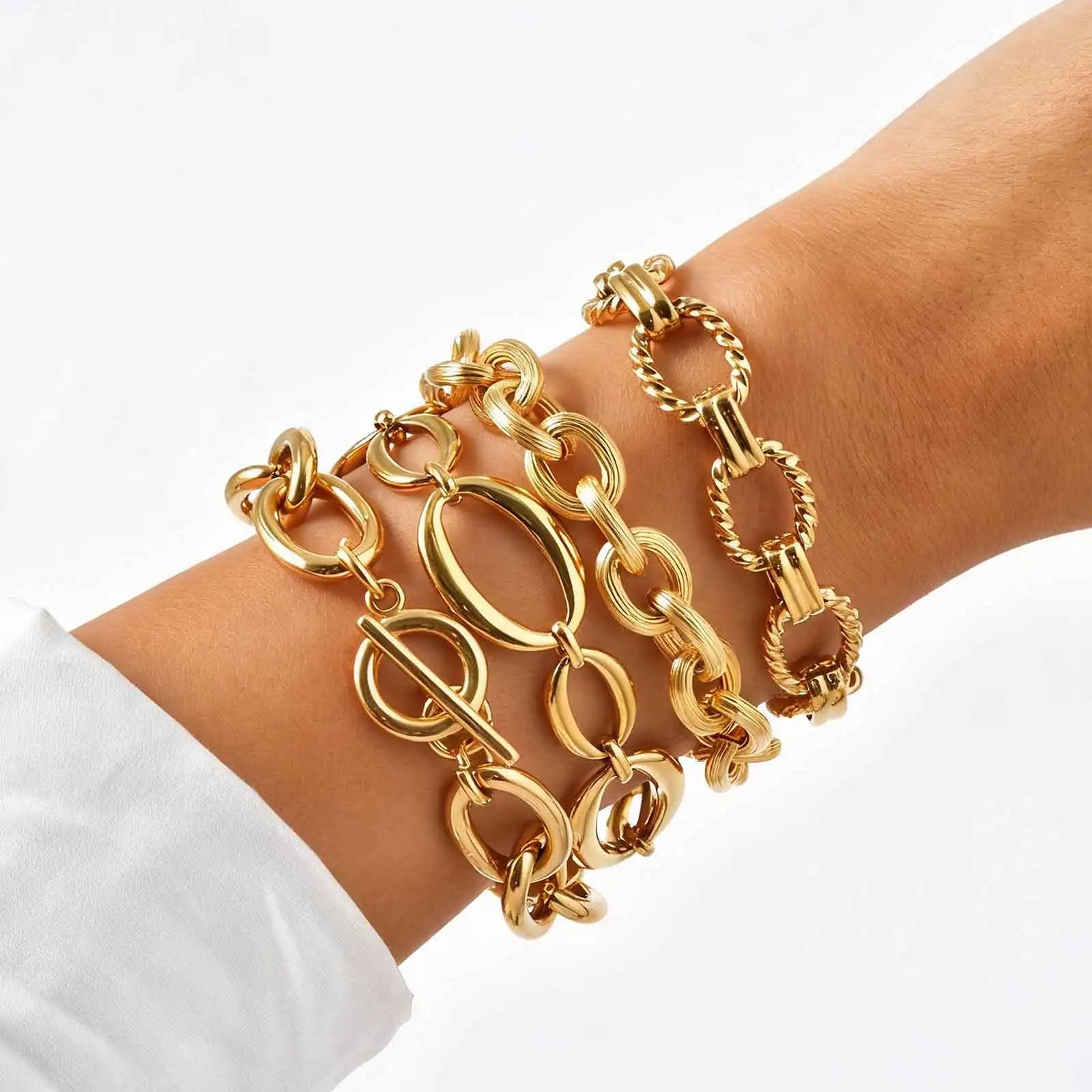 Fashion 316L Stainless Steel Link Chain Bracelet for Women, 18K Gold Plated Stackable Chunky Statement Bangle Waterproof Jewelry