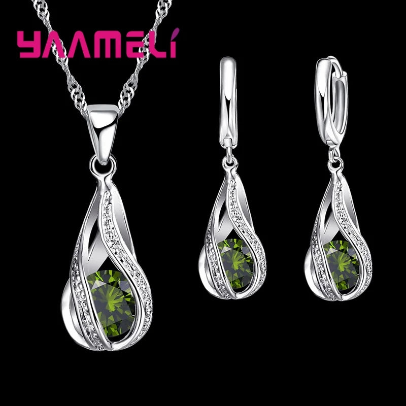 Hot Water Drop CZ 925 Sterling Silver Plated Jewelry Set For Women Pendant Necklace Hoop Earrings Wedding Party Ceremoey Anel