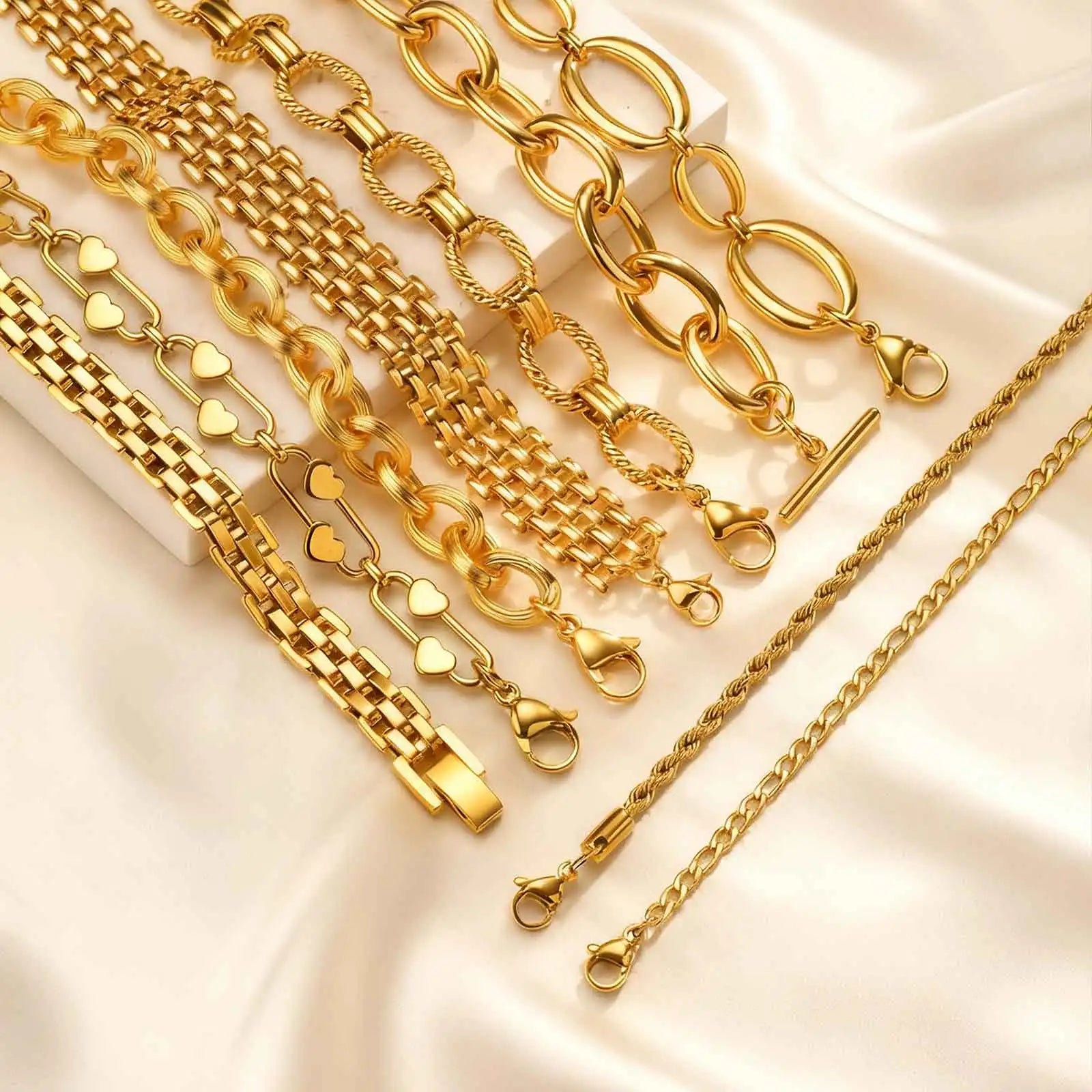 Fashion 316L Stainless Steel Link Chain Bracelet for Women, 18K Gold Plated Stackable Chunky Statement Bangle Waterproof Jewelry