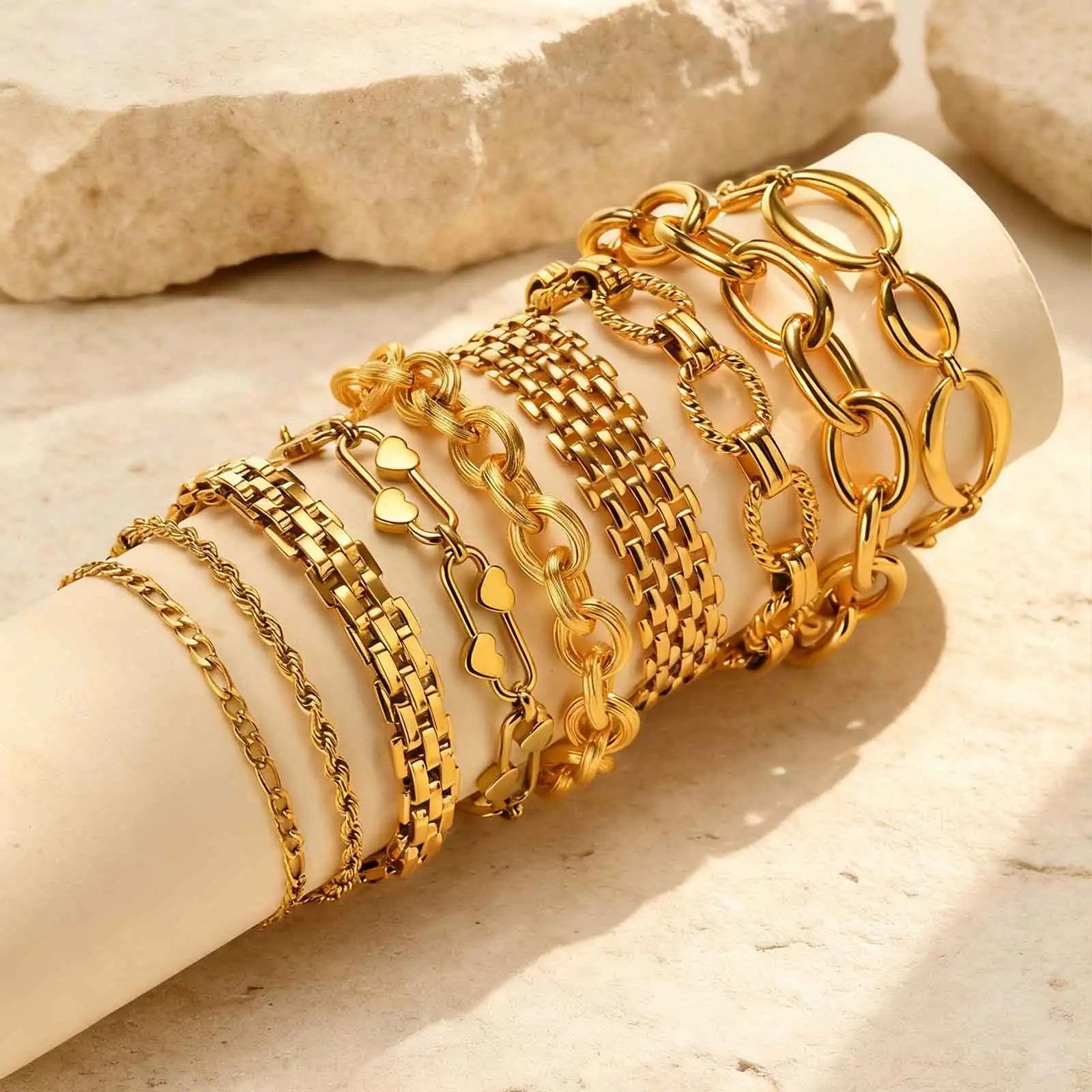 Fashion 316L Stainless Steel Link Chain Bracelet for Women, 18K Gold Plated Stackable Chunky Statement Bangle Waterproof Jewelry